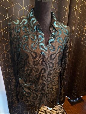 Shimmery sheer Black Button-Up Blouse with green  Velvet Swirl Pattern